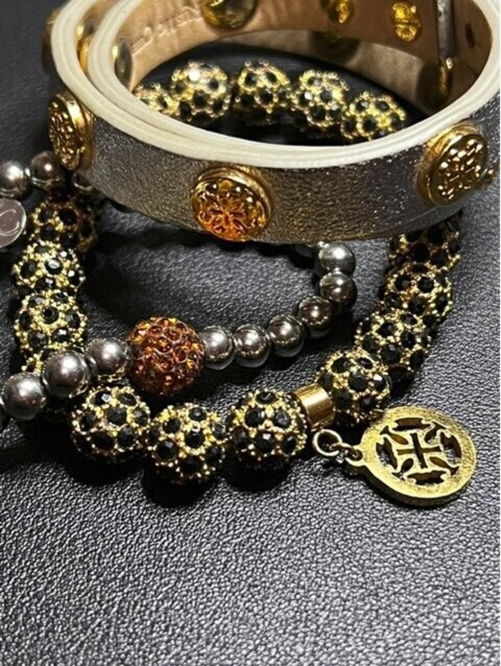B6626 Rustic Cuff  Pave Crystal Beaded Faux Leather Wrap Bracelet Set Gold Tone